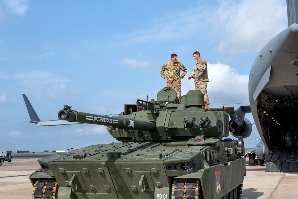 The 145th Airlift Wing loads an M10 Booker Combat Vehicle