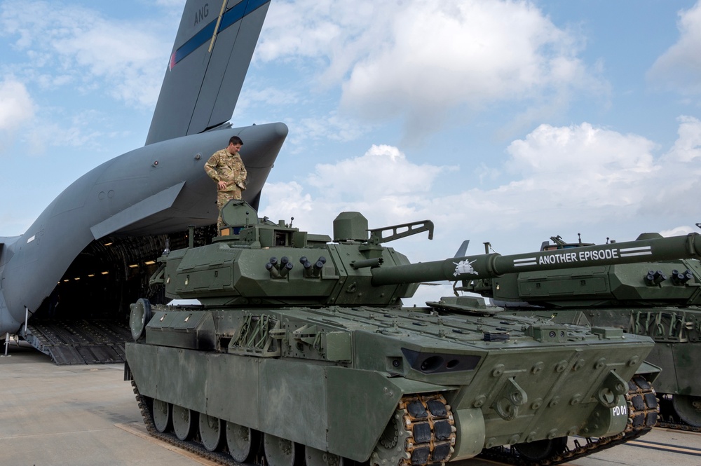 The 145th Airlift Wing loads an M10 Booker Combat Vehicle