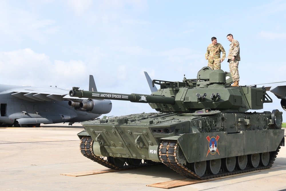 The 145th Airlift Wing loads an M10 Booker Combat Vehicle