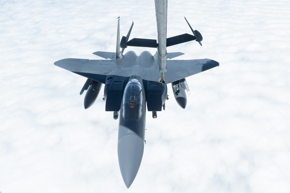 Travis KC-10 aircrew refuels F-15E Strike Eagles