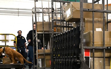 CBP K9 Handlers search for counterfeit pharmaceuticals at JFK