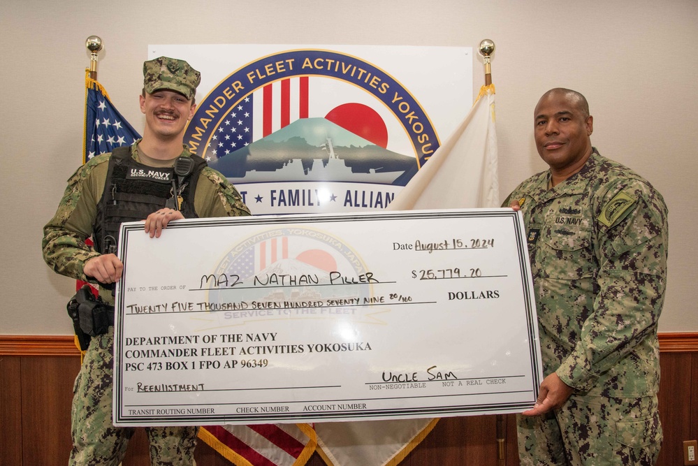 MA2 Nathan Piller Reenlistment Ceremony onboard CFAY Aug. 15, 2024