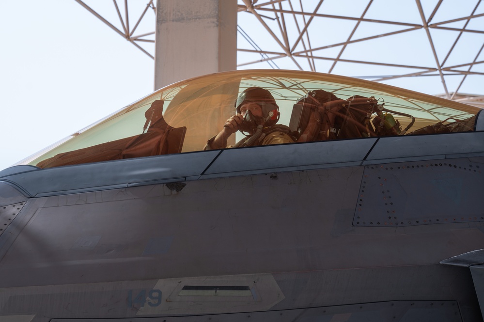 F-22 Raptors take-off within the USCENTCOM AOR