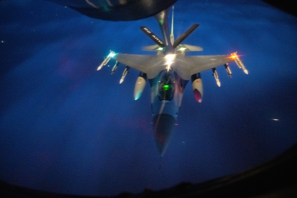 U.S. F-16s receive fuel from KC-135s over the CENTCOM area of responsibility