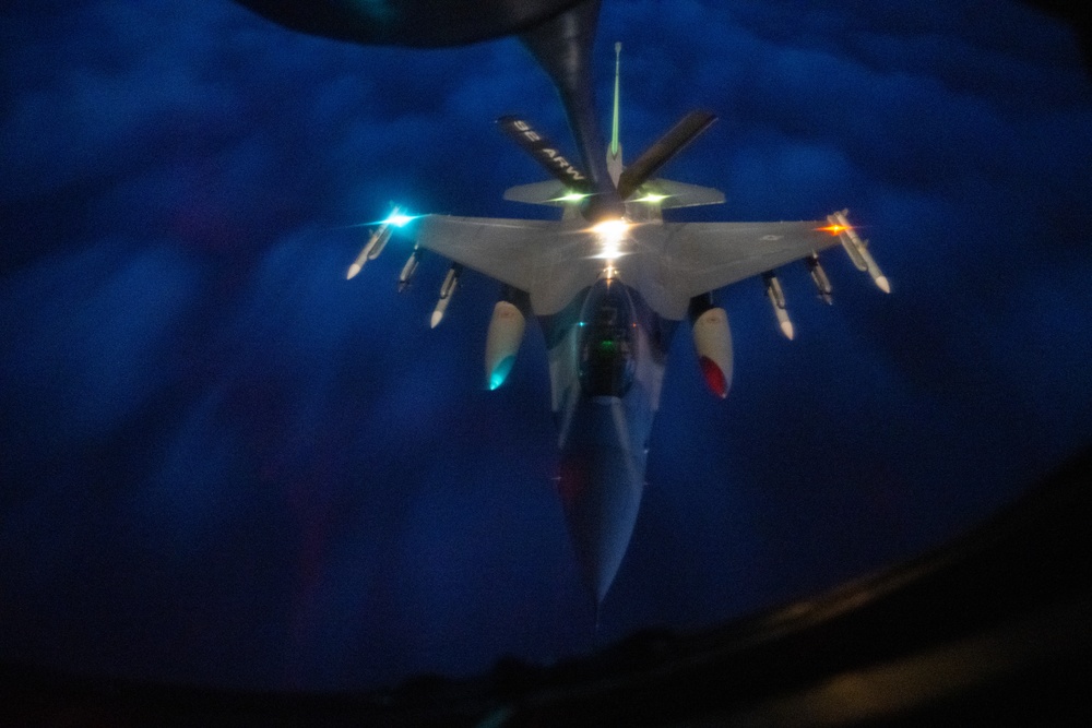 U.S. F-16s receive fuel from KC-135s over the CENTCOM area of responsibility