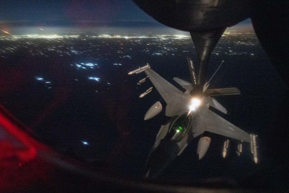 U.S. F-16s receive fuel from KC-135s over the CENTCOM area of responsibility