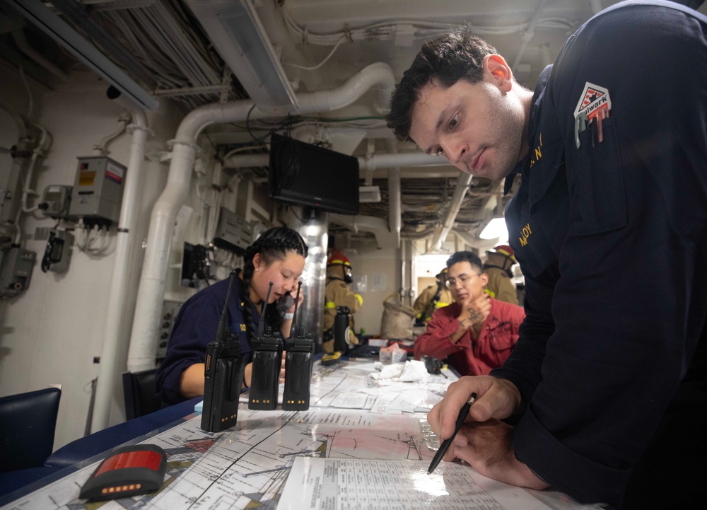 USS Dewey (DDG 105) Conducts Main Space Fire Drill While Operating in the Philippine Sea