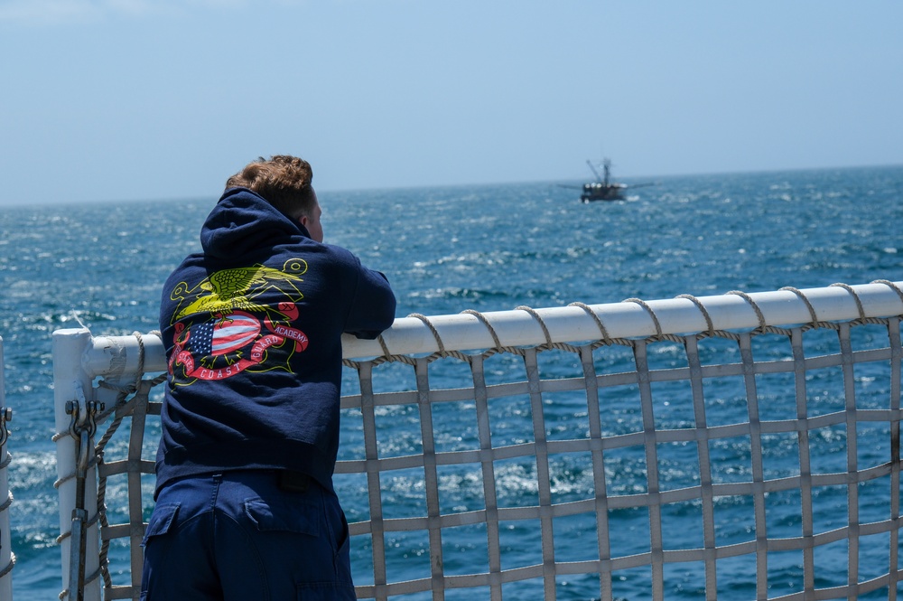 Coast Guard Cutter Northland personnel conduct fisheries boarding in the Atlantic Ocean