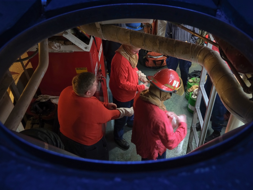 Coast Guard Cutter Northland crew members conduct drills while at sea