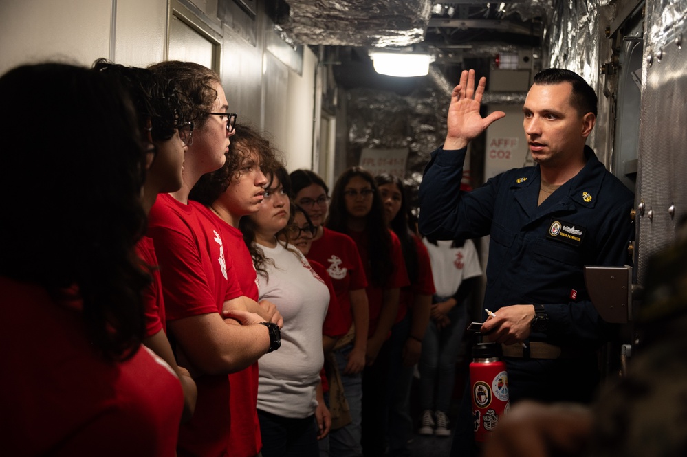 The Crew of the Future USS Kingsville (LCS 36) Host Media and NJROTC Students