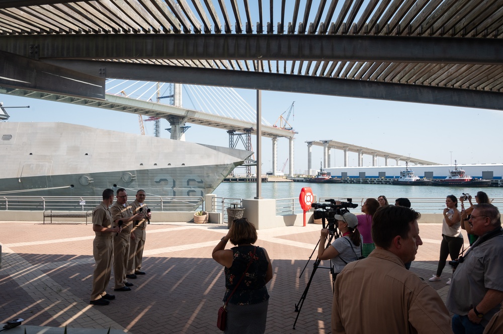 The Crew of the Future USS Kingsville (LCS 36) Host Media and NJROTC Students