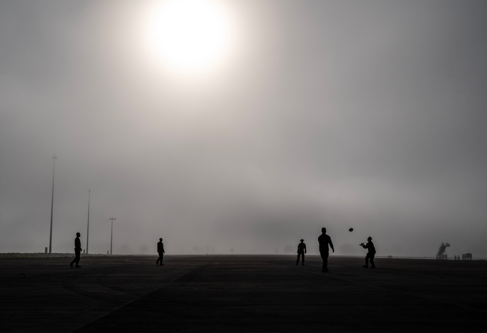 110th EBS Airmen make the best of a foggy morning