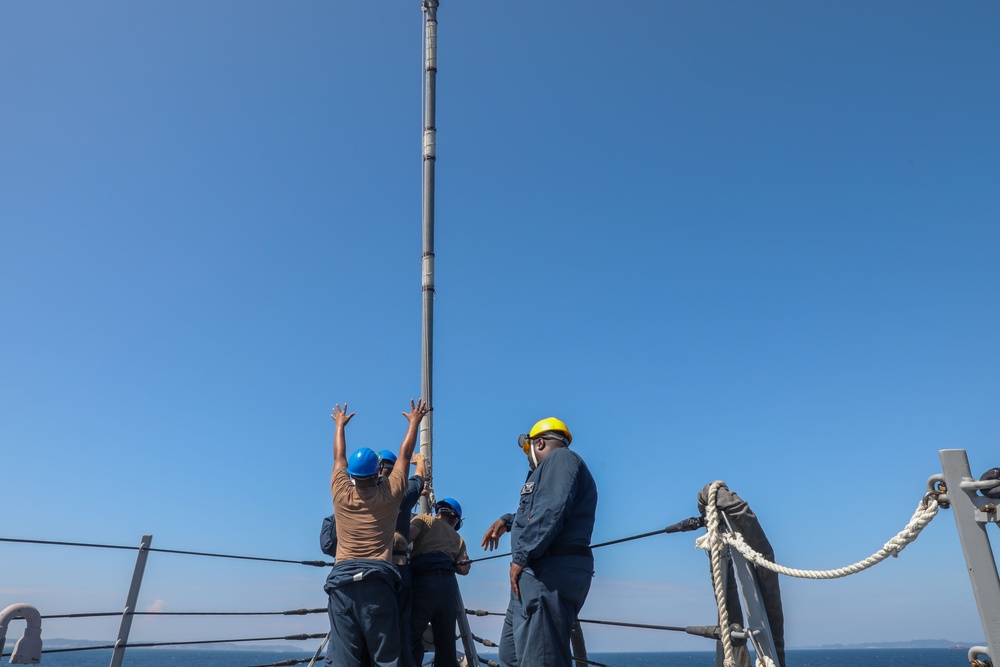 Sailors aboard the USS Howard conduct a sea and anchor detail in Yokosuka, Japan