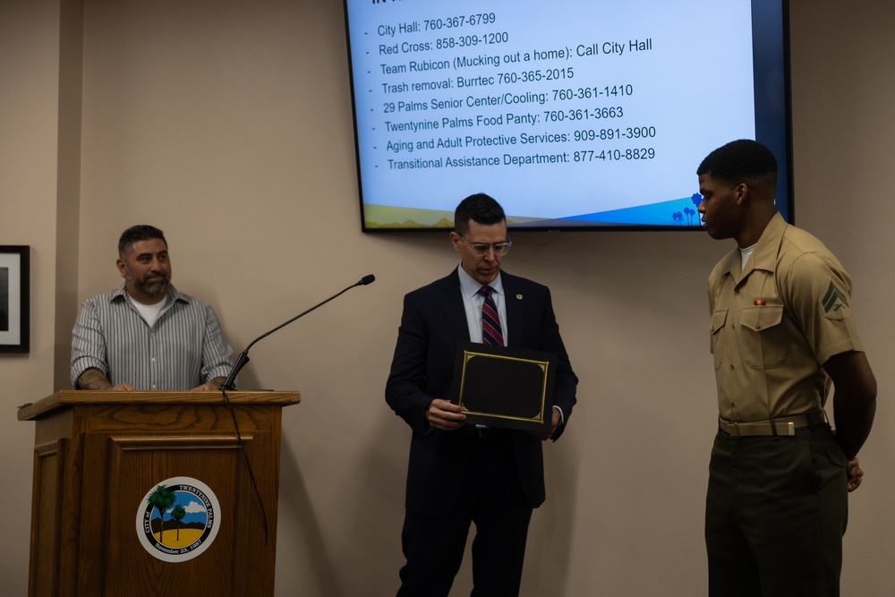 Corporal Kentavis Marbuary is awarded an outstanding citizenship award from the city of Twentynine Palms