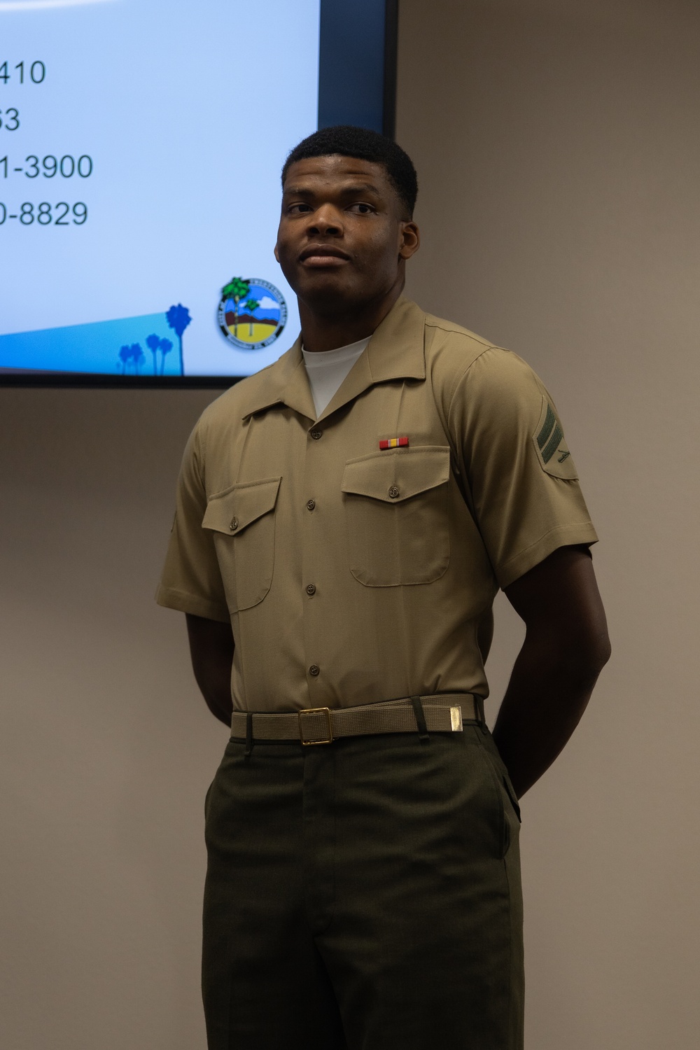 Corporal Kentavis Marbuary is awarded an outstanding citizenship award from the city of Twentynine Palms