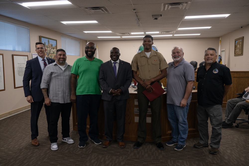 Corporal Kentavis Marbuary is awarded an outstanding citizenship award from the city of Twentynine Palms