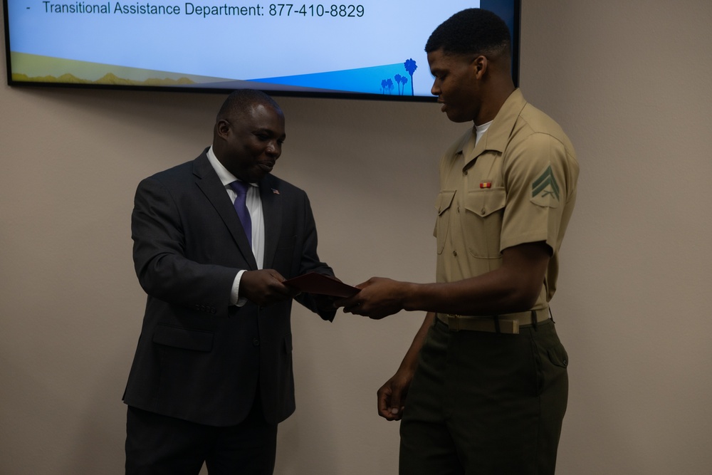 Corporal Kentavis Marbuary is awarded an outstanding citizenship award from the city of Twentynine Palms