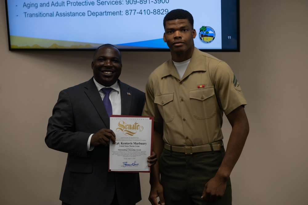 Corporal Kentavis Marbuary is awarded an outstanding citizenship award from the city of Twentynine Palms