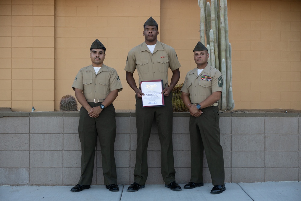 Corporal Kentavis Marbuary is awarded an outstanding citizenship award from the city of Twentynine Palms