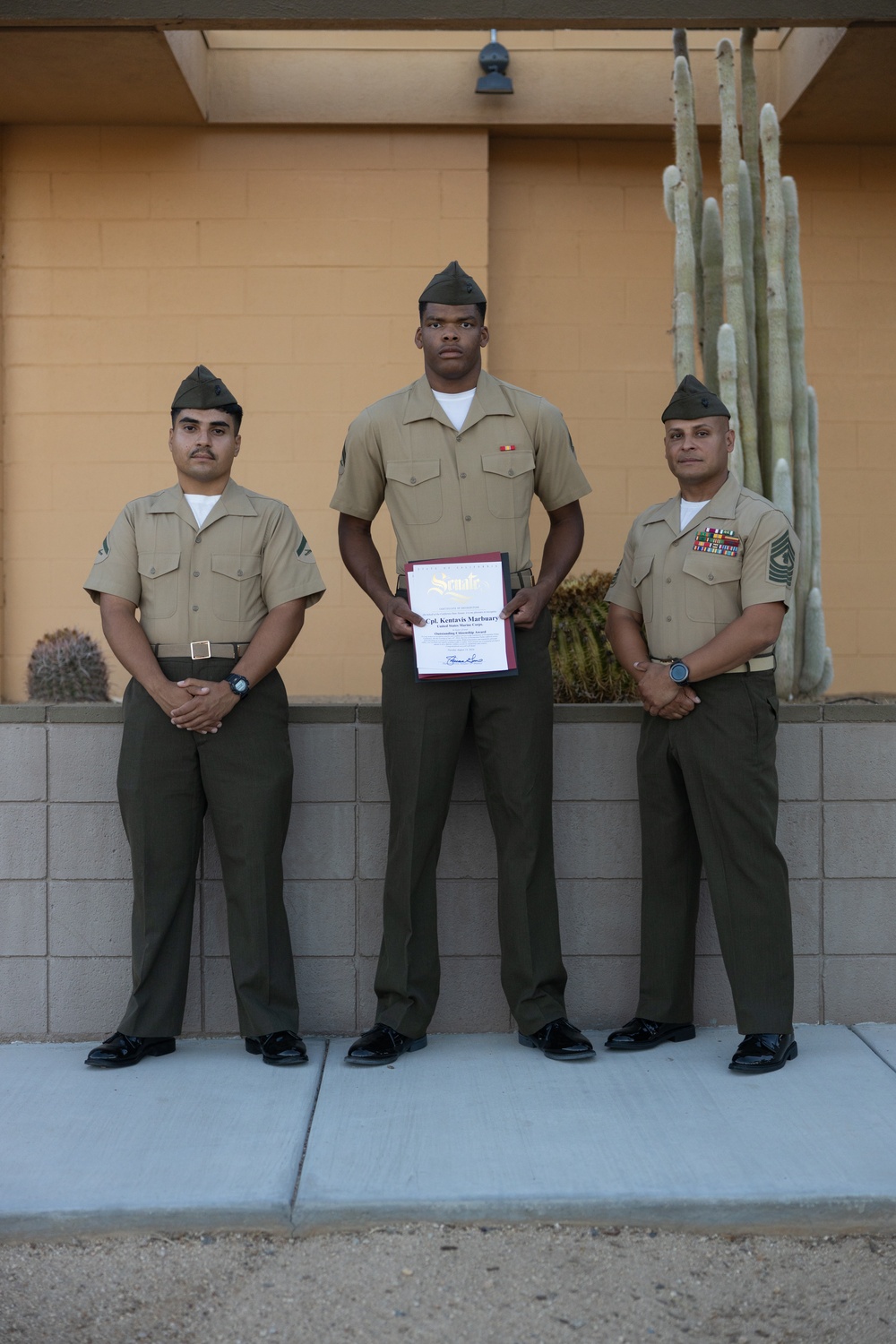 Corporal Kentavis Marbuary is awarded an outstanding citizenship award from the city of Twentynine Palms