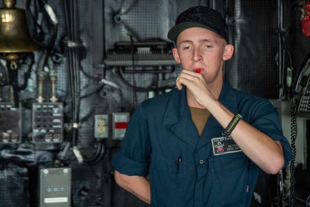 USS San Diego Sailors stand watch
