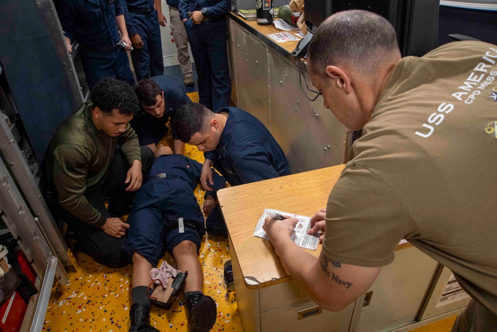Sailors participate in medical drill aboard USS America (LHA 6)