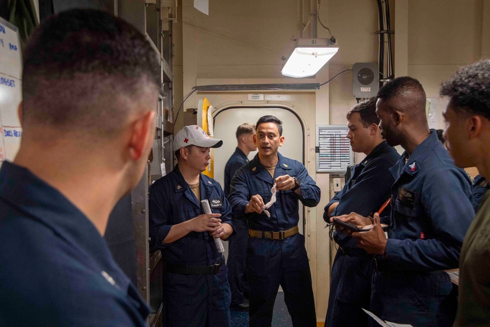 Sailors participate in medical drill aboard USS America (LHA 6)