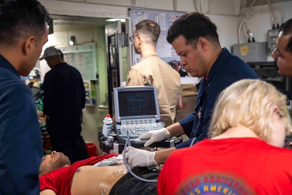 Sailors participate in mass casualty drill aboard USS America (LHA 6)
