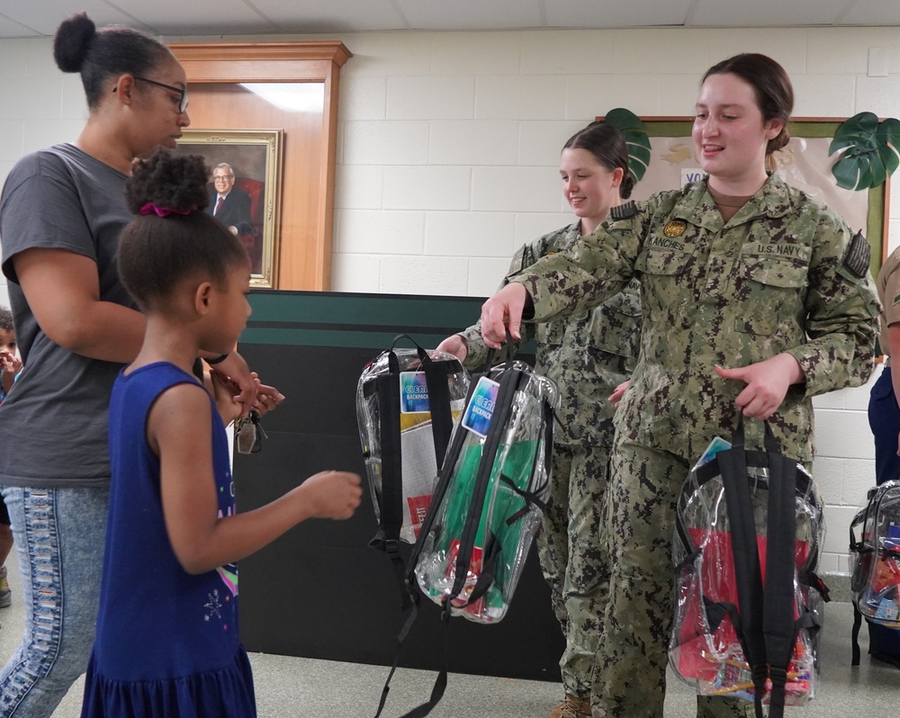 NWS Yorktown sailors support Back to School event at Greenwood Elementary School with free backpacks and school supplies