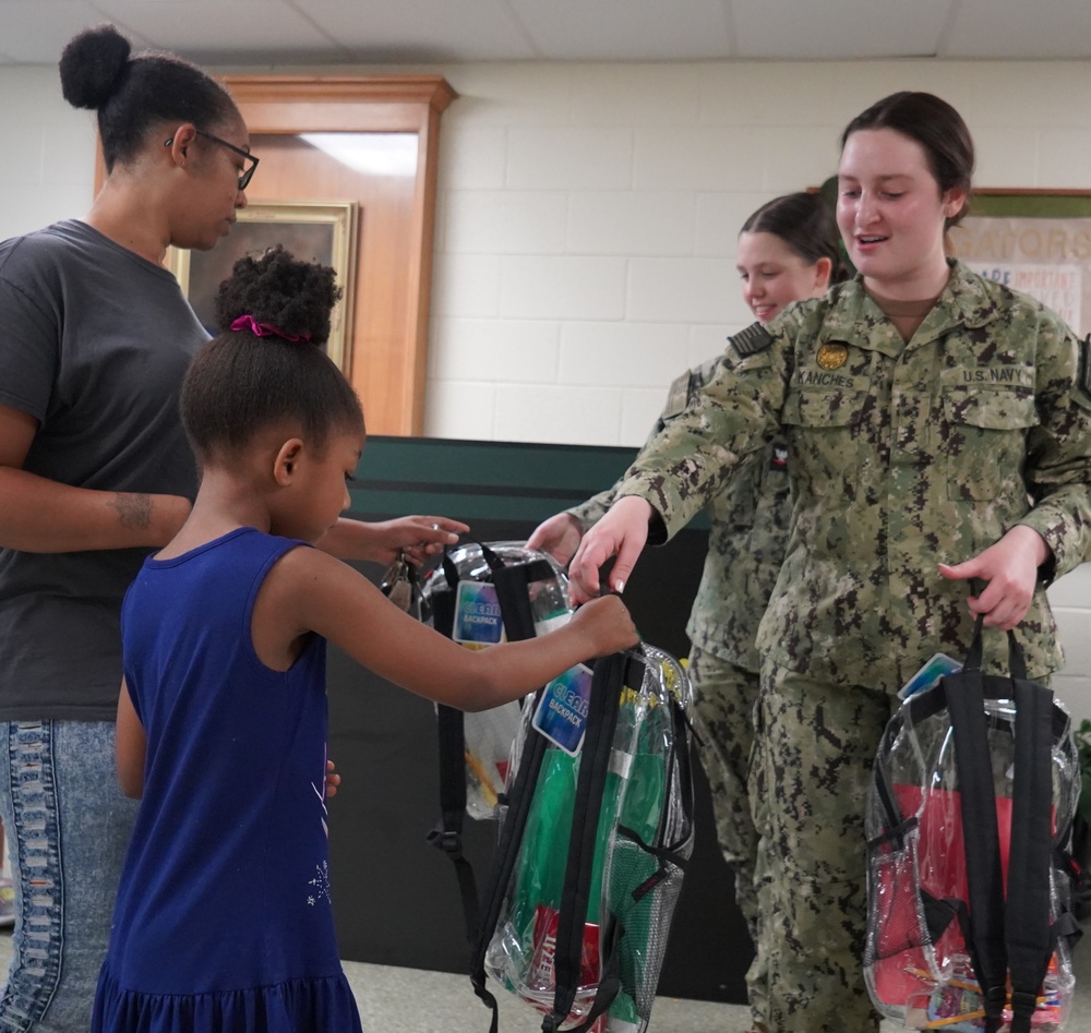 NWS Yorktown sailors support Back to School event at Greenwood Elementary School with free backpacks and school supplies