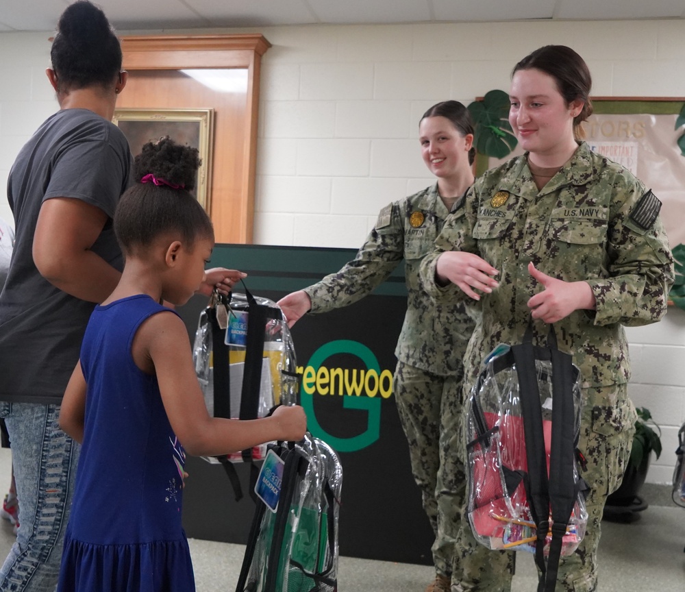 NWS Yorktown sailors support Back to School event at Greenwood Elementary School with free backpacks and school supplies