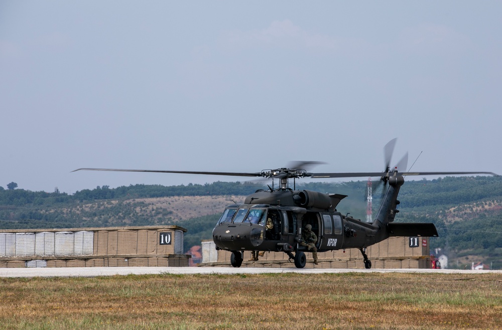 U.S. Army Soldiers conduct sling load training at Camp Bondsteel Kosovo.