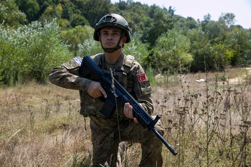 Turkish soldiers assigned to Regional Command East of the KFOR mission patrolled along the administrative boundary line during a routine patrol.