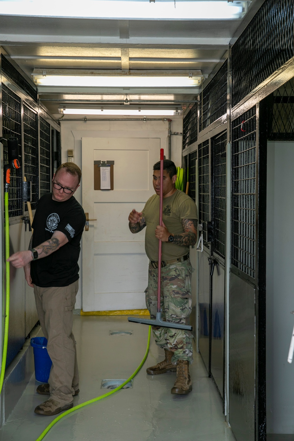 48th IBCT soldiers assigned to Regional Command East of the NATO-led KFOR mission volunteered to assist with cleaning the kennels of military working dogs at Camp Bondsteel, Kosovo, July 20, 2024.