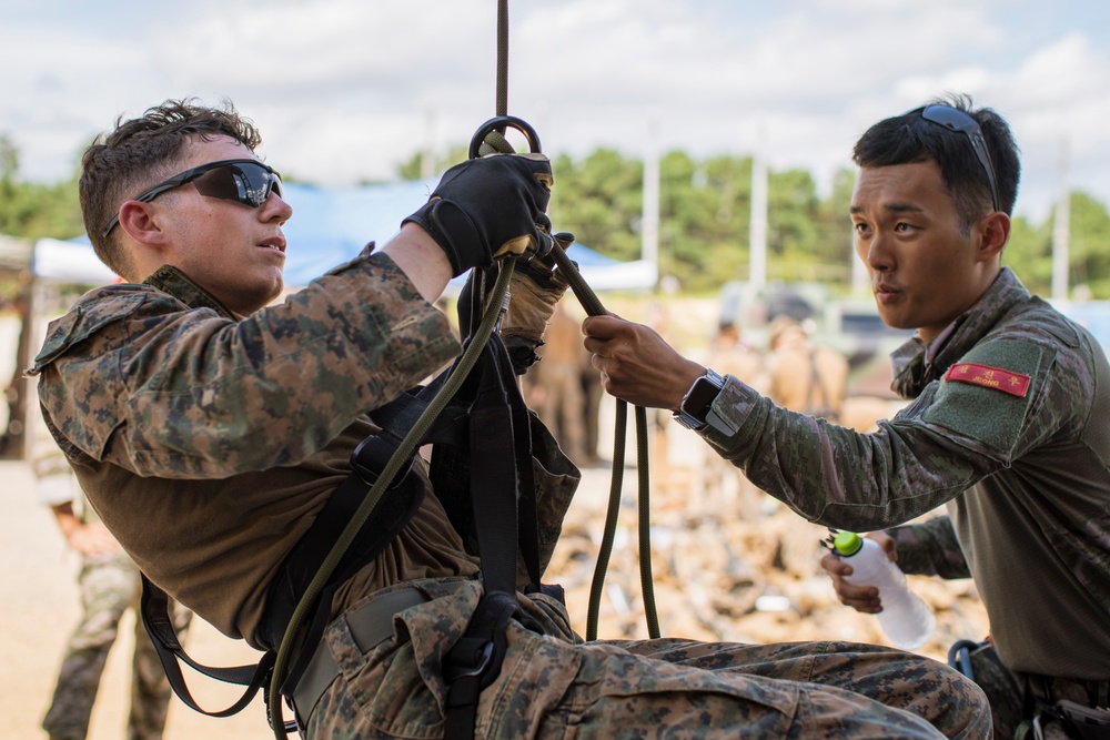 ROK Marines, 15th MEU Finish Mountain Warfare Training with MV-22 Fast-rope