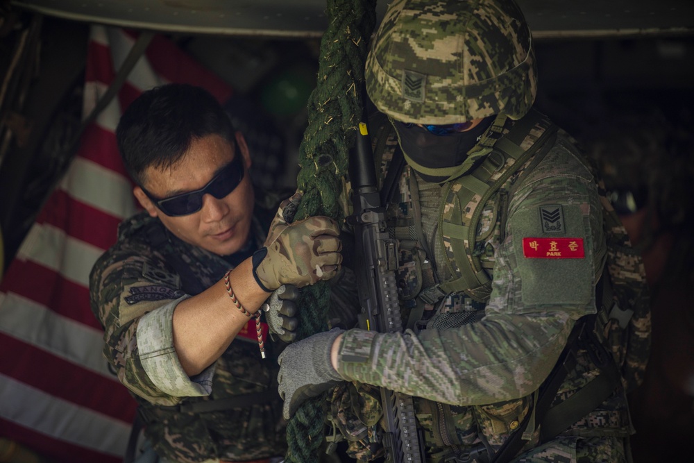 ROK Marines, 15th MEU Finish Mountain Warfare Training with MV-22 Fast-rope