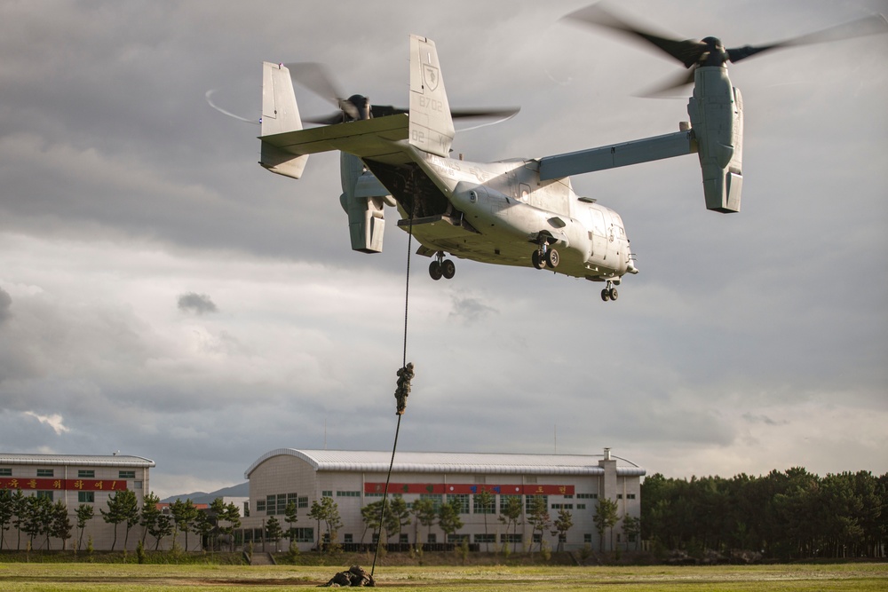 ROK Marines, 15th MEU Finish Mountain Warfare Training with MV-22 Fast-rope