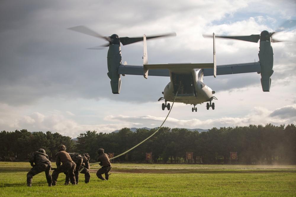 ROK Marines, 15th MEU Finish Mountain Warfare Training with MV-22 Fast-rope