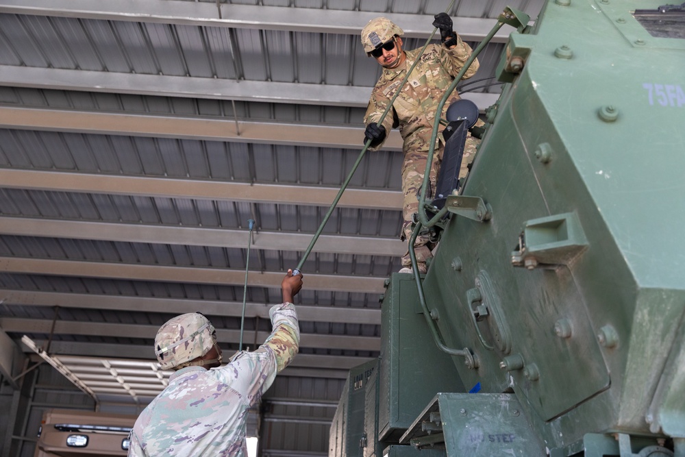 U.S. Soldiers prepare the HIMARS operating vehicle for simulated training during Southern Fenix 24