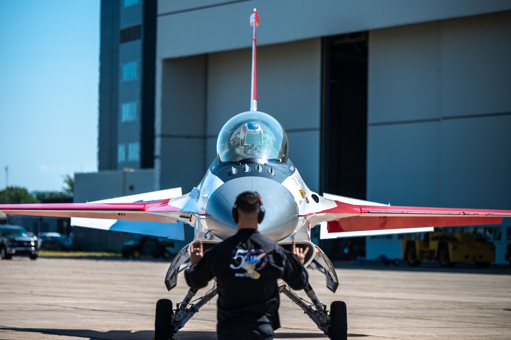 The U.S. Air Force F-16 Viper Demonstration Team performs at the Airshow Atlantic