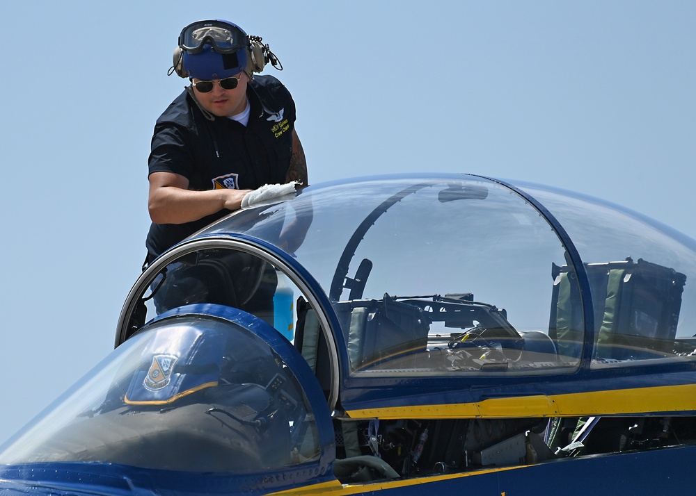 The U.S. Navy Flight Demonstration Team, the Blue Angels perform in Wichita, Kansas at the Frontiers In Flight Air Show.