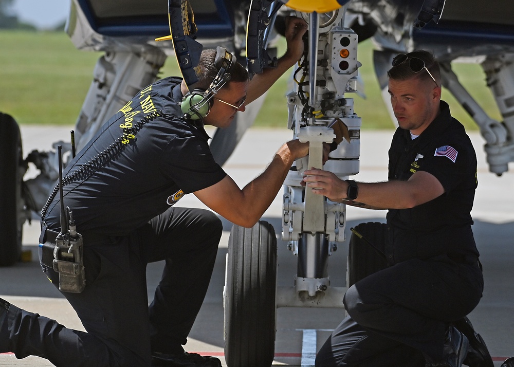 The U.S. Navy Flight Demonstration Team, the Blue Angels perform in Wichita, Kansas at the Frontiers In Flight Air Show.