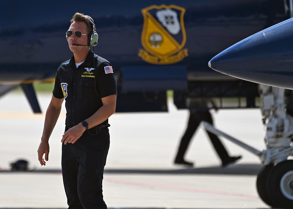 The U.S. Navy Flight Demonstration Team, the Blue Angels perform in Wichita, Kansas at the Frontiers In Flight Air Show.