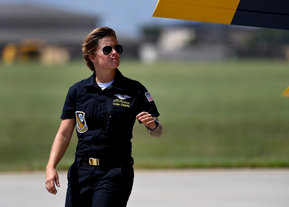 The U.S. Navy Flight Demonstration Team, the Blue Angels perform in Wichita, Kansas at the Frontiers In Flight Air Show.