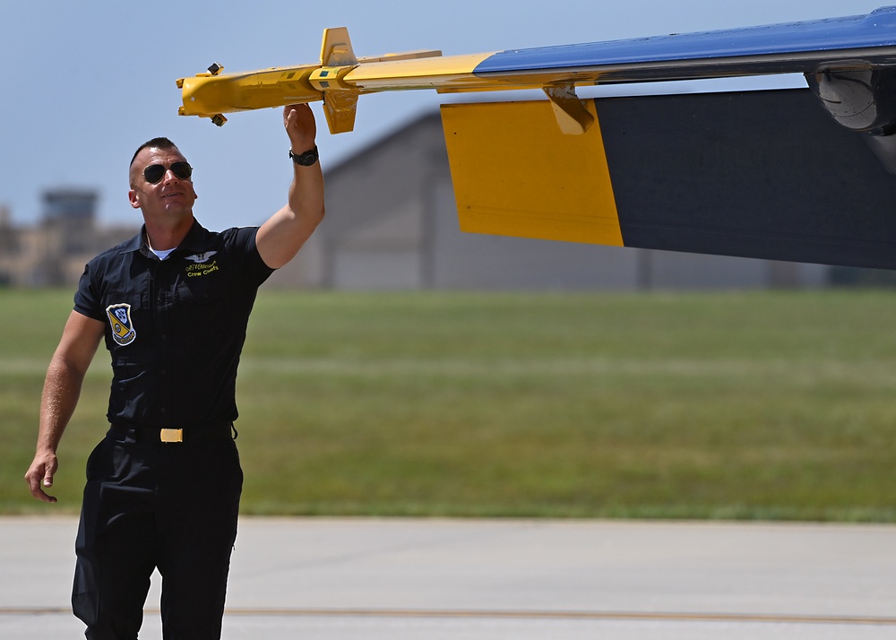 The U.S. Navy Flight Demonstration Team, the Blue Angels perform in Wichita, Kansas at the Frontiers In Flight Air Show.