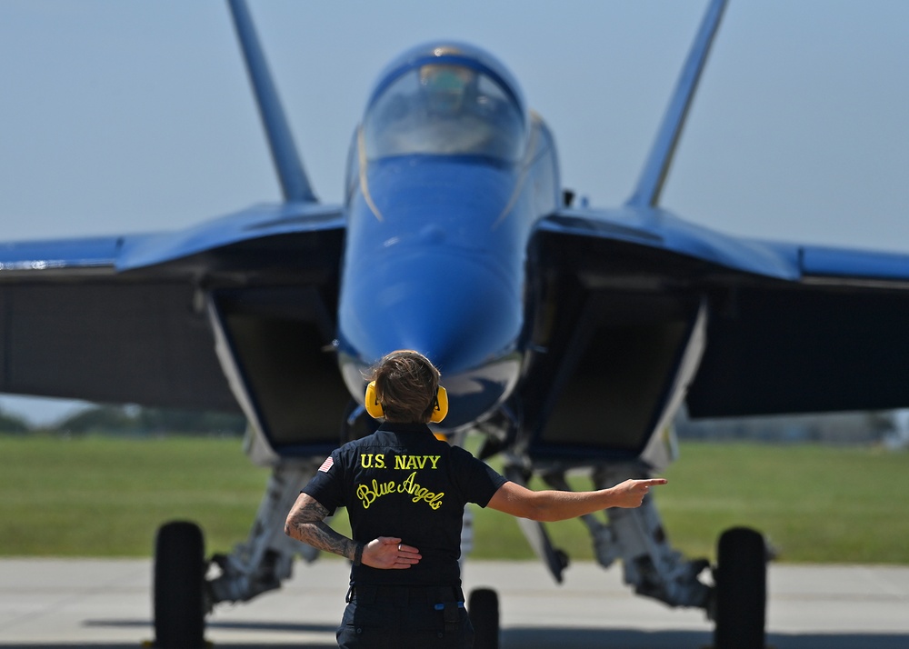 The U.S. Navy Flight Demonstration Team, the Blue Angels perform in Wichita, Kansas at the Frontiers In Flight Air Show.