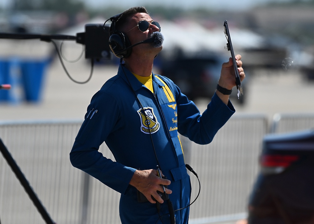 The U.S. Navy Flight Demonstration Team, the Blue Angels perform in Wichita, Kansas at the Frontiers In Flight Air Show.