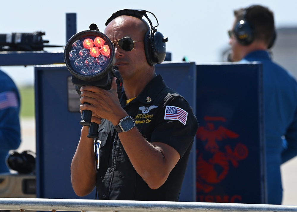 The U.S. Navy Flight Demonstration Team, the Blue Angels perform in Wichita, Kansas at the Frontiers In Flight Air Show.