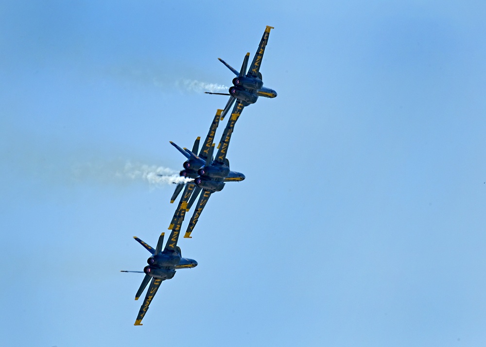 The U.S. Navy Flight Demonstration Team, the Blue Angels perform in Wichita, Kansas at the Frontiers In Flight Air Show.