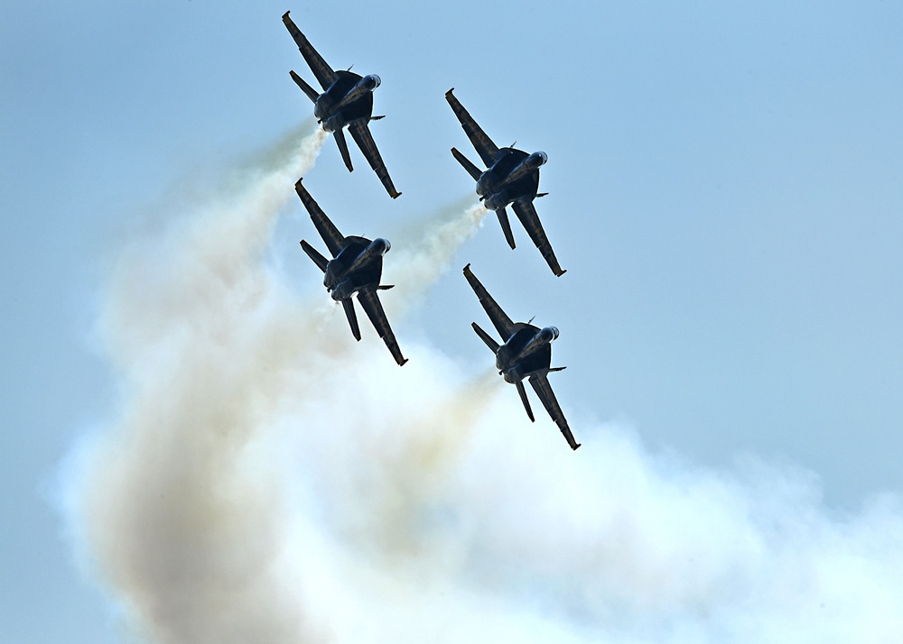 The U.S. Navy Flight Demonstration Team, the Blue Angels perform in Wichita, Kansas at the Frontiers In Flight Air Show.